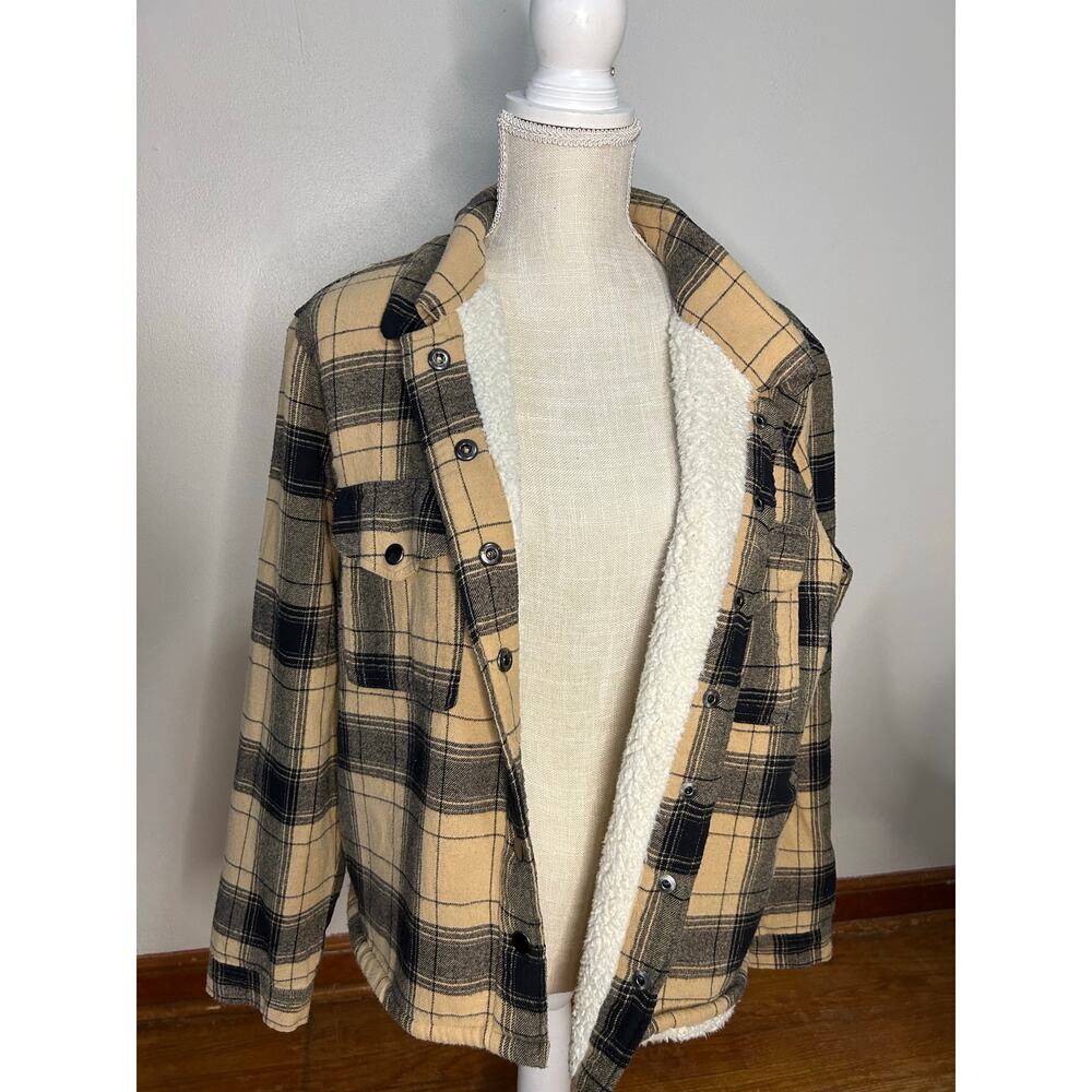 Lucky Brand Plaid Shacket Size Medium Brown Tan Button Front Wool Blend Jacket